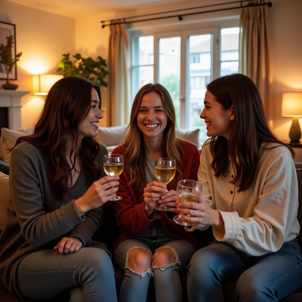 Three roommates smiling and toasting drinks in their apartment