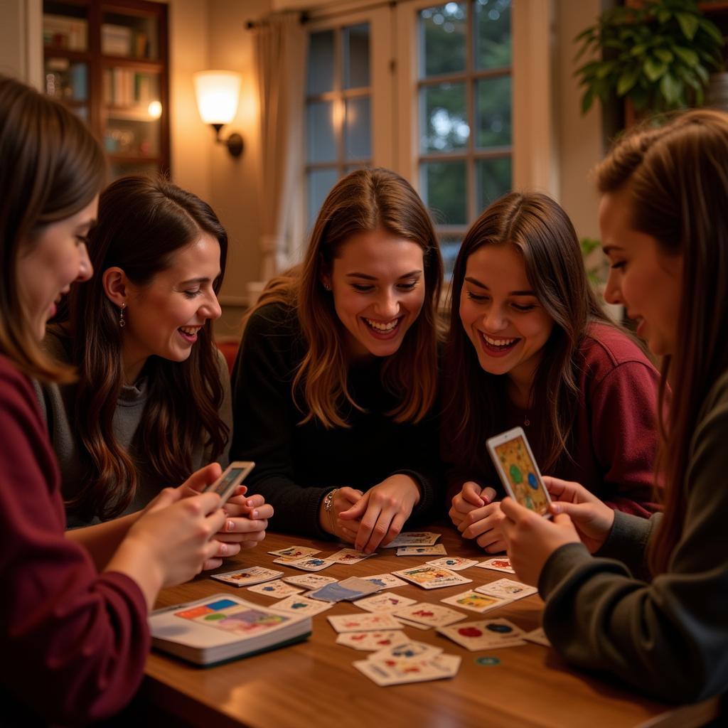 A group of friends gathered around a table, deeply engrossed in a game of Harry Potter cards