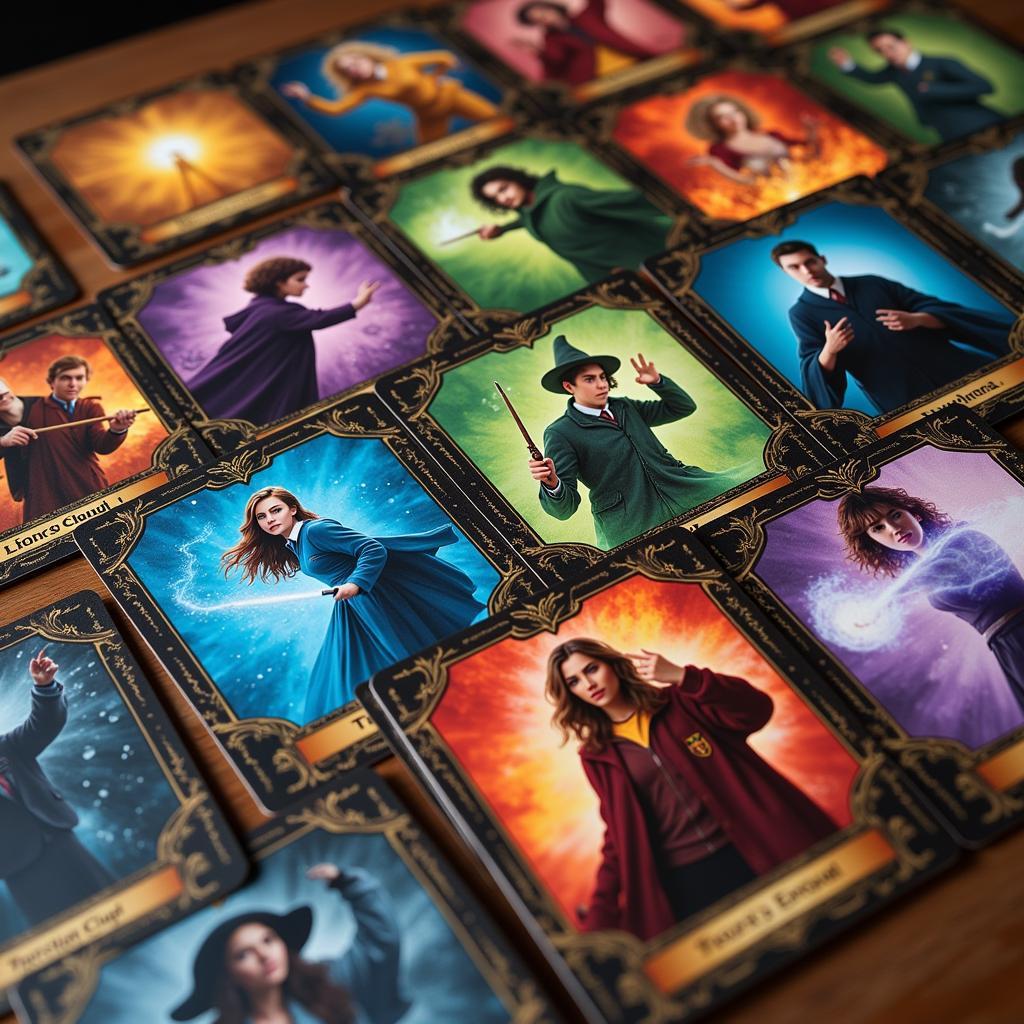 A display of colorful Harry Potter trading cards featuring characters, spells, and magical creatures