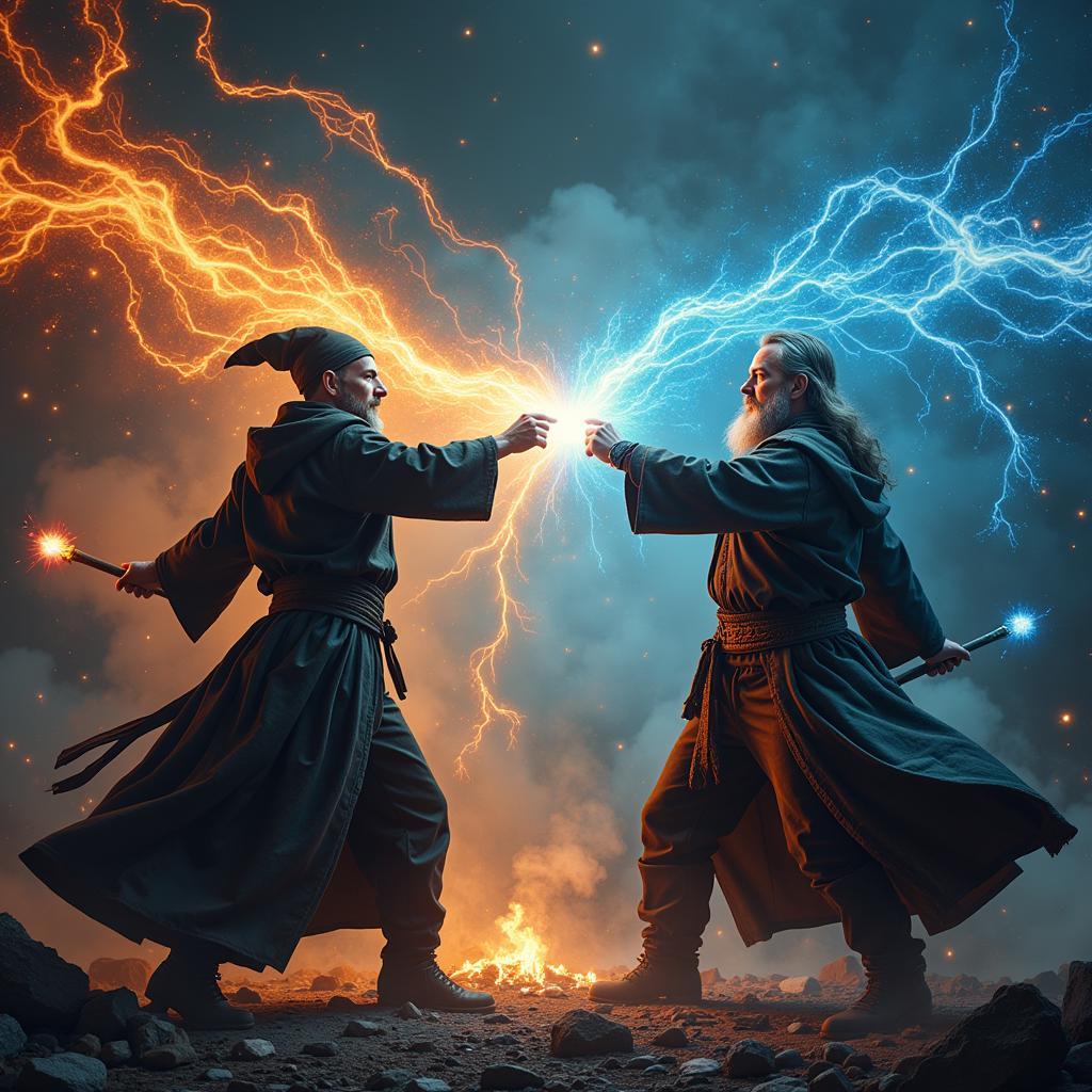 Two wizards locked in a magical duel, casting spells with their wands