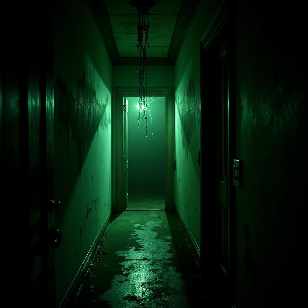 Eerie green lighting in a haunted house