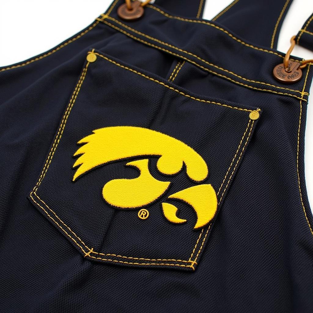 Close-up of embroidered details on Iowa Hawkeyes overalls