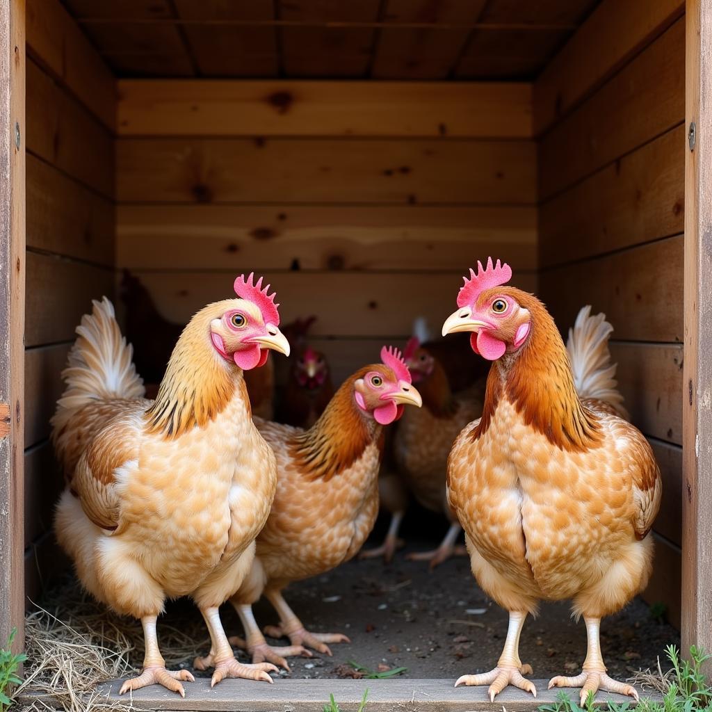 Healthy chickens in a clean coop