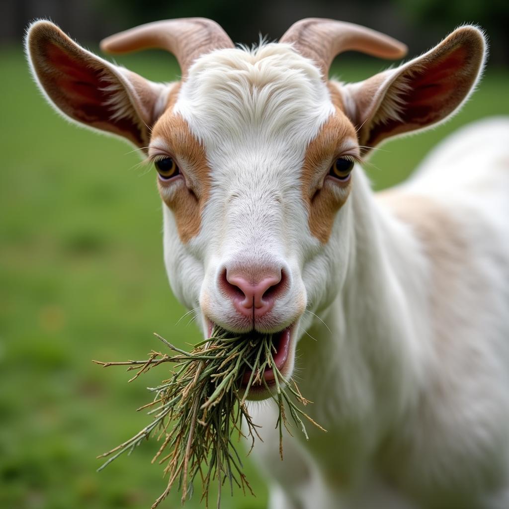 Healthy Goat Eating Hay