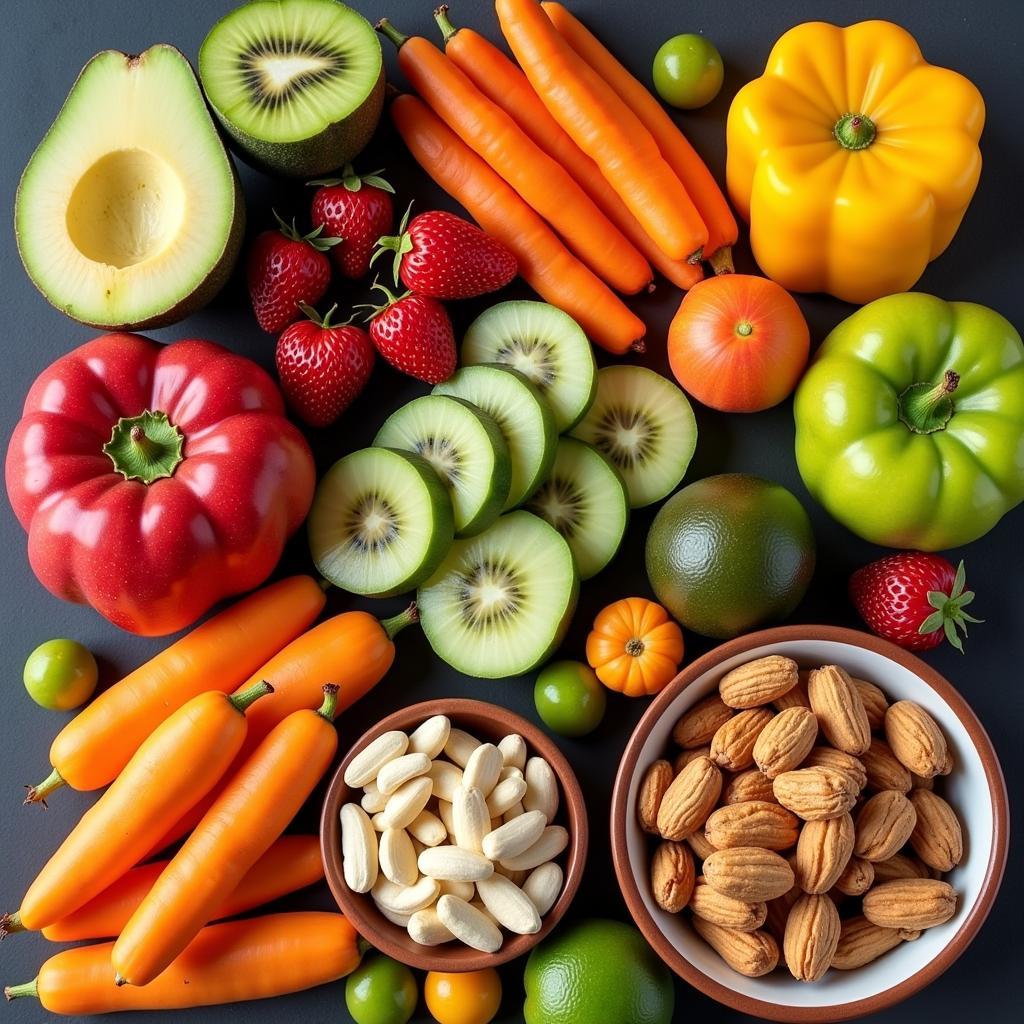 A variety of healthy snack options like fruits, vegetables, and nuts arranged on a table