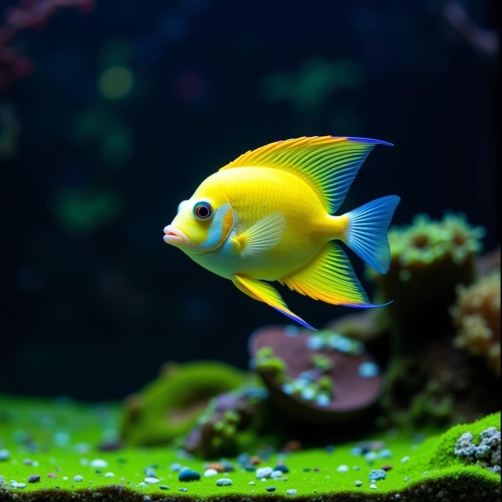 A vibrant neon angelfish in a well-maintained aquarium