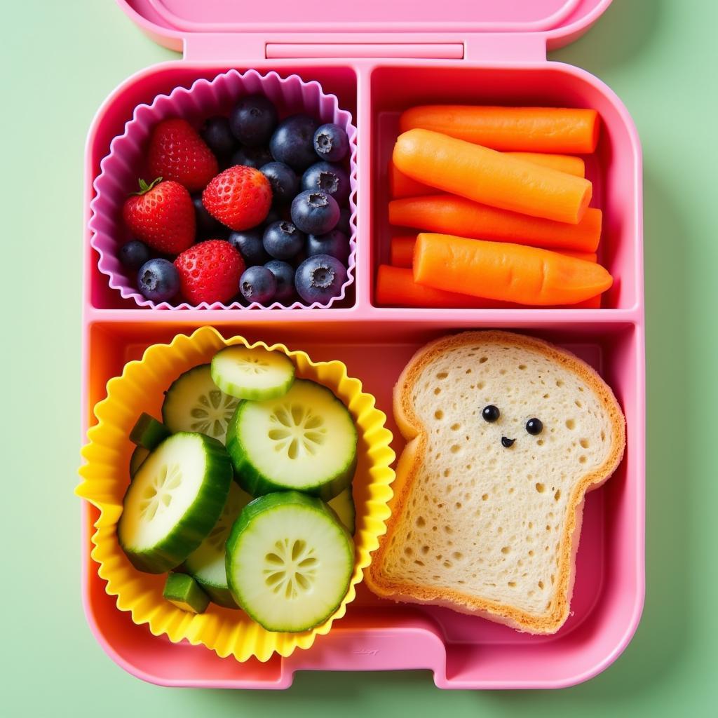 Colorful toddler lunchbox with various compartments filled with healthy snacks