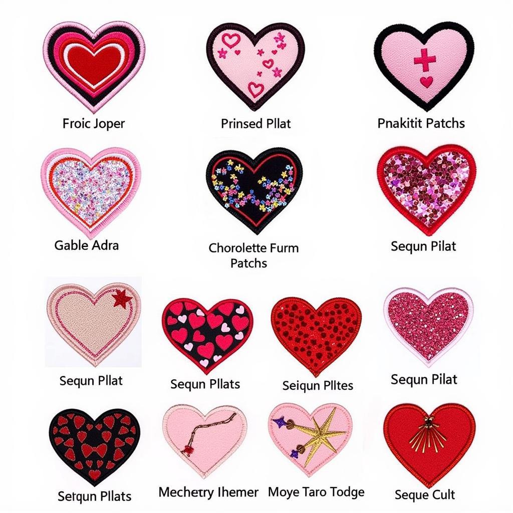 Assortment of heart iron on patches in different colors, sizes, and styles