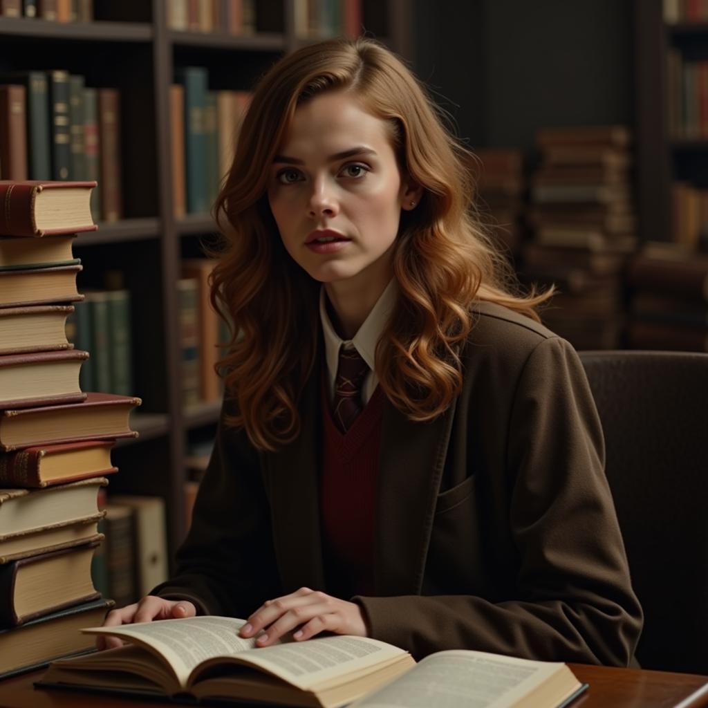 Hermione Granger studying in the Hogwarts Library