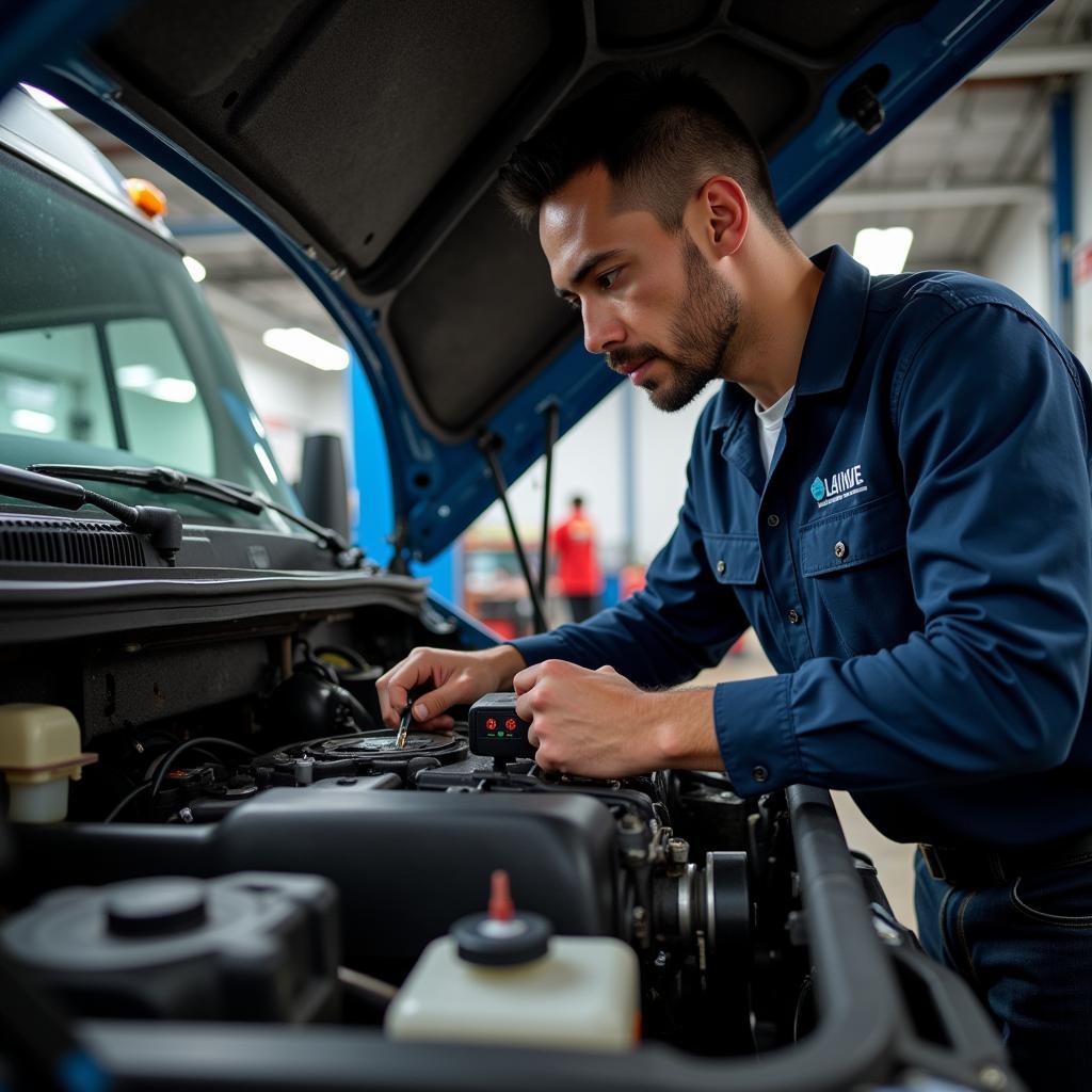 Mechanic Inspecting a Het Truck Engine