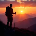 Hiker enjoying a scenic mountain trail at sunset