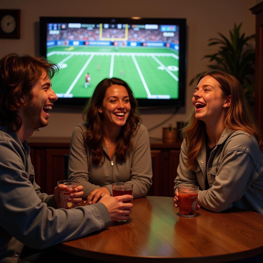 A group of friends gathered around a TV playing Madden, laughing hysterically at the team names.