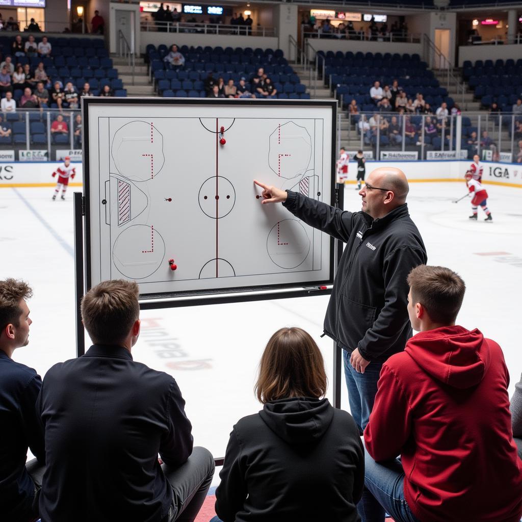 Hockey coach explaining a trap play using a whiteboard diagram