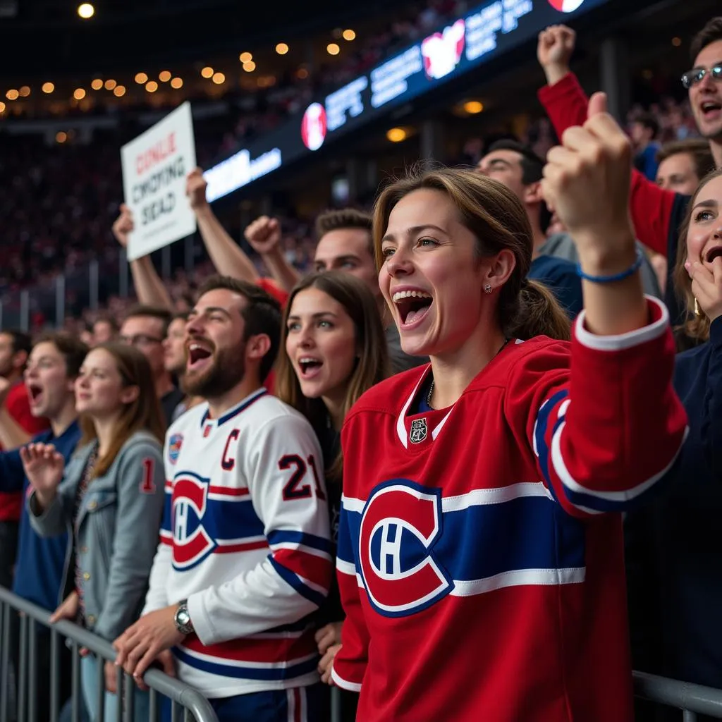 Excited hockey fans cheering