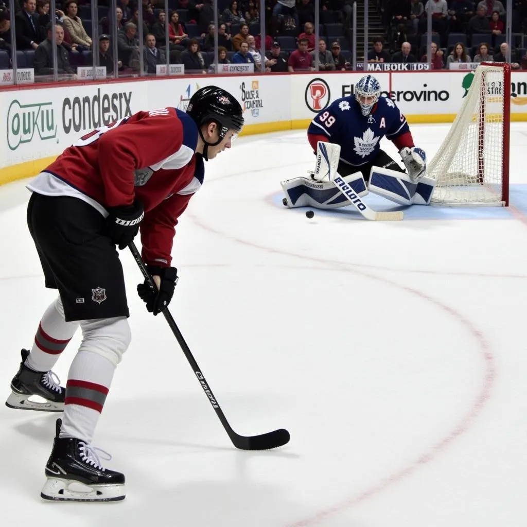 Hockey player practicing shots with a trainer