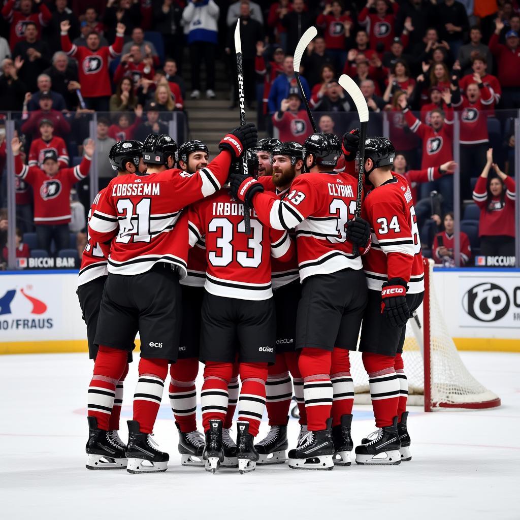 Hockey team celebrating a win