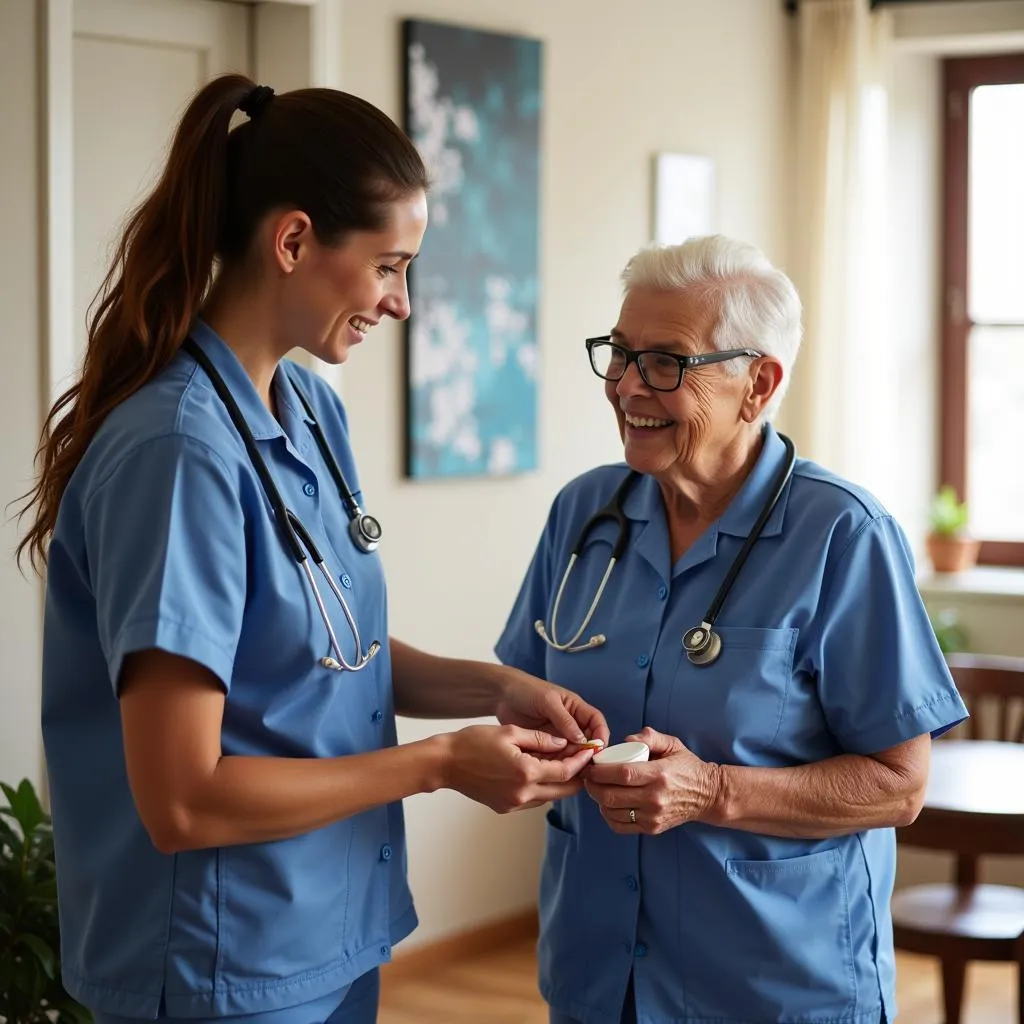 Caregiver in Uniform Assisting Client