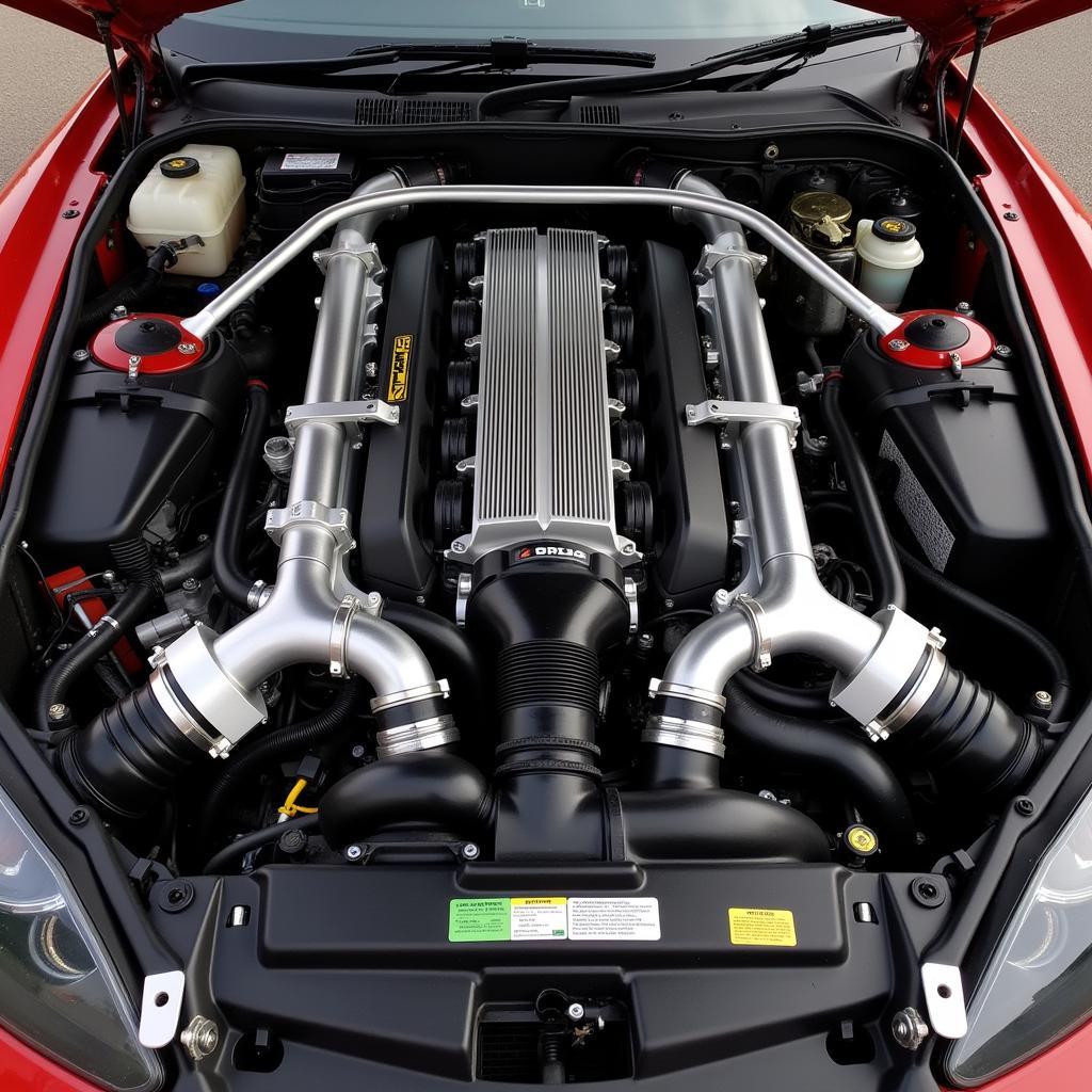 Engine bay of a sports car with a hood scoop supercharger system