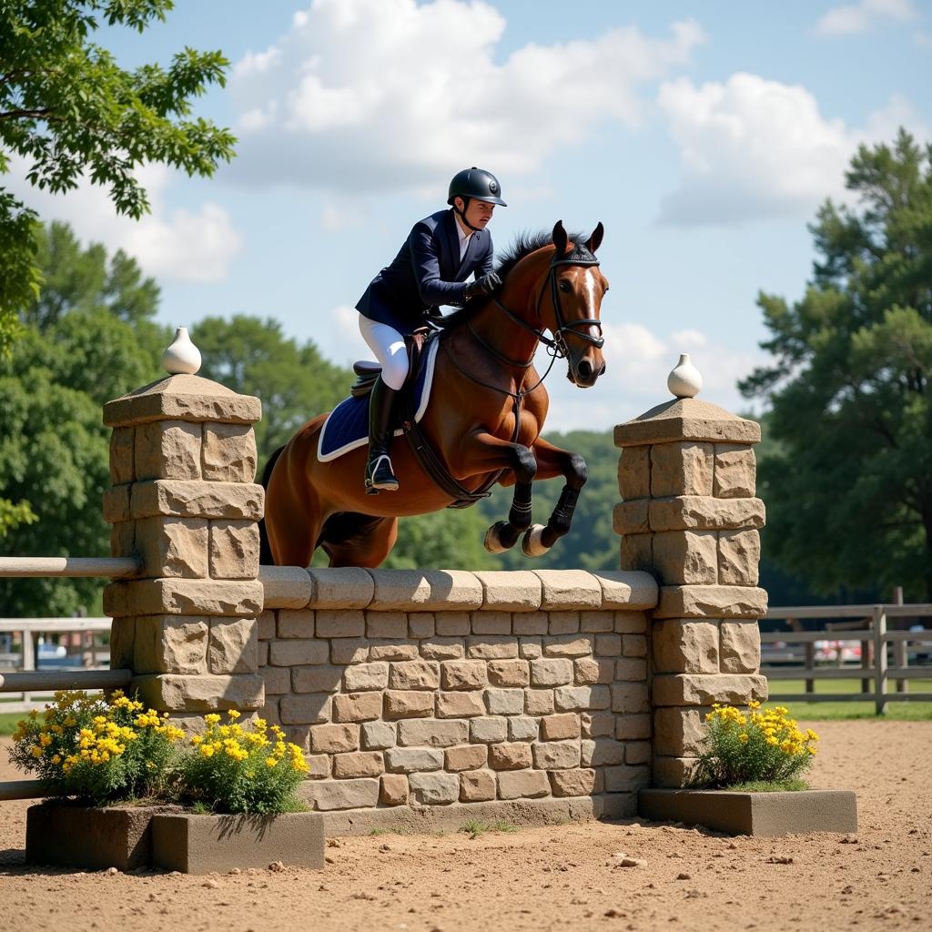 Horse and Rider Navigating a Challenging Jump with Precision