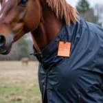 Horse wearing a blanket with a note attached