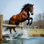 Horse Clearing a Water Obstacle with Grace