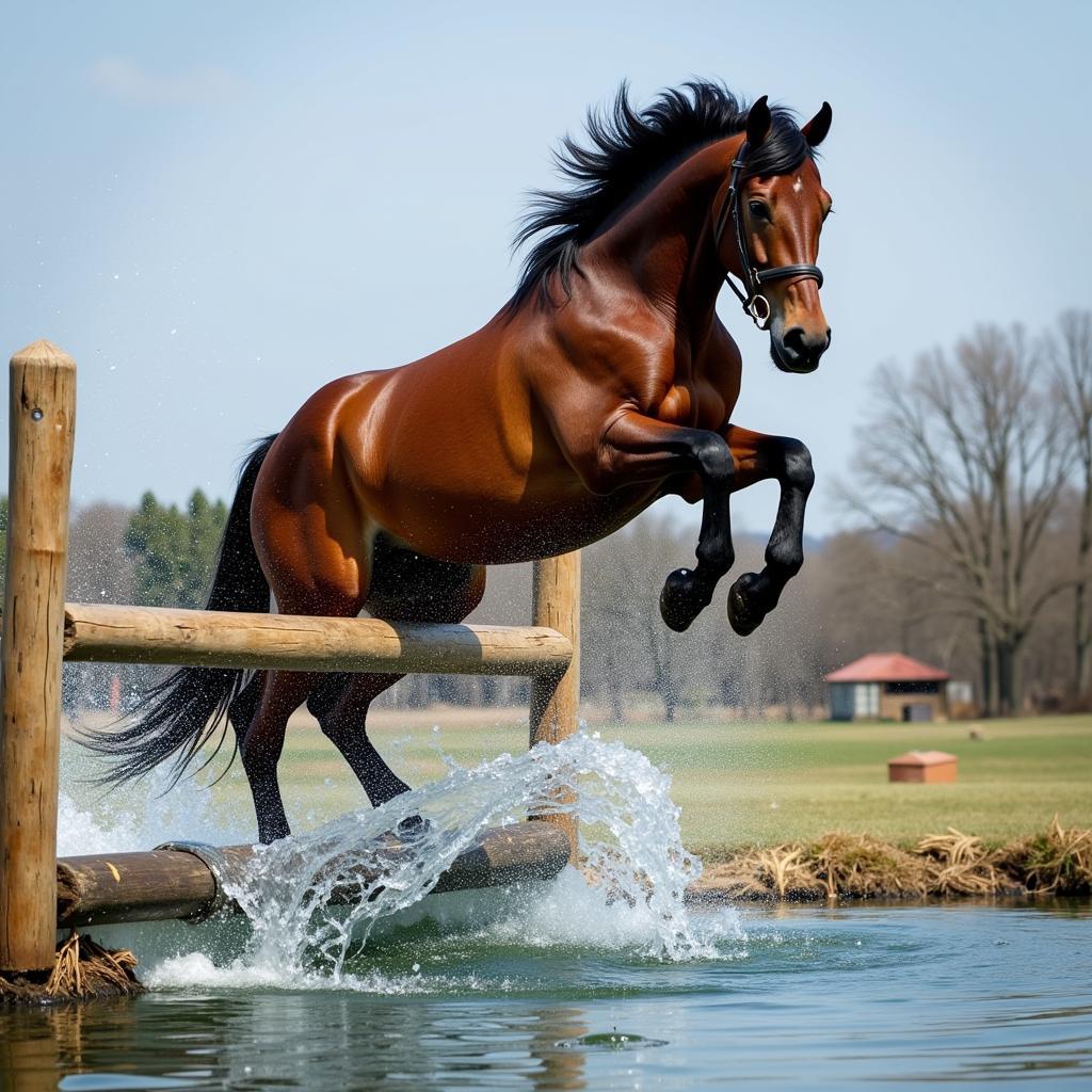 Horse Clearing a Water Obstacle with Grace