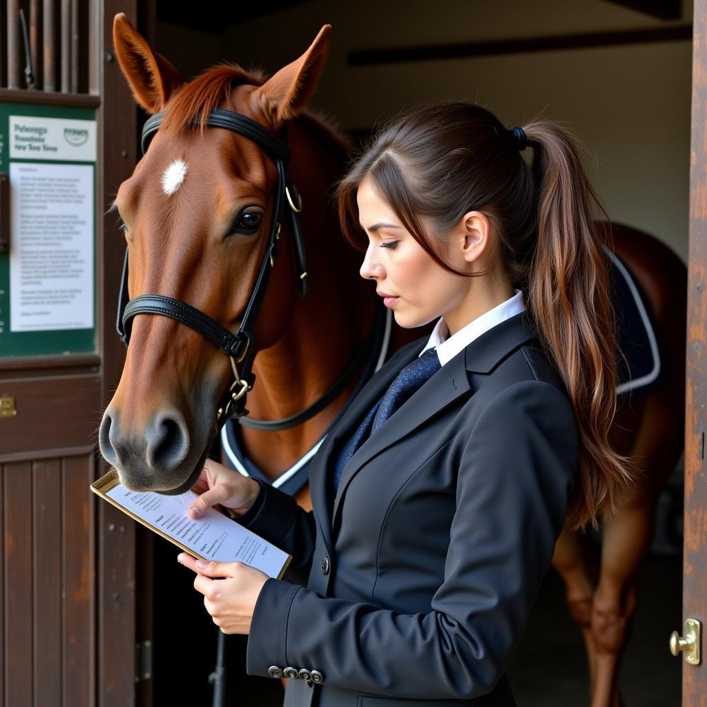 Horse owner carefully reading a note pinned to a horse blanket