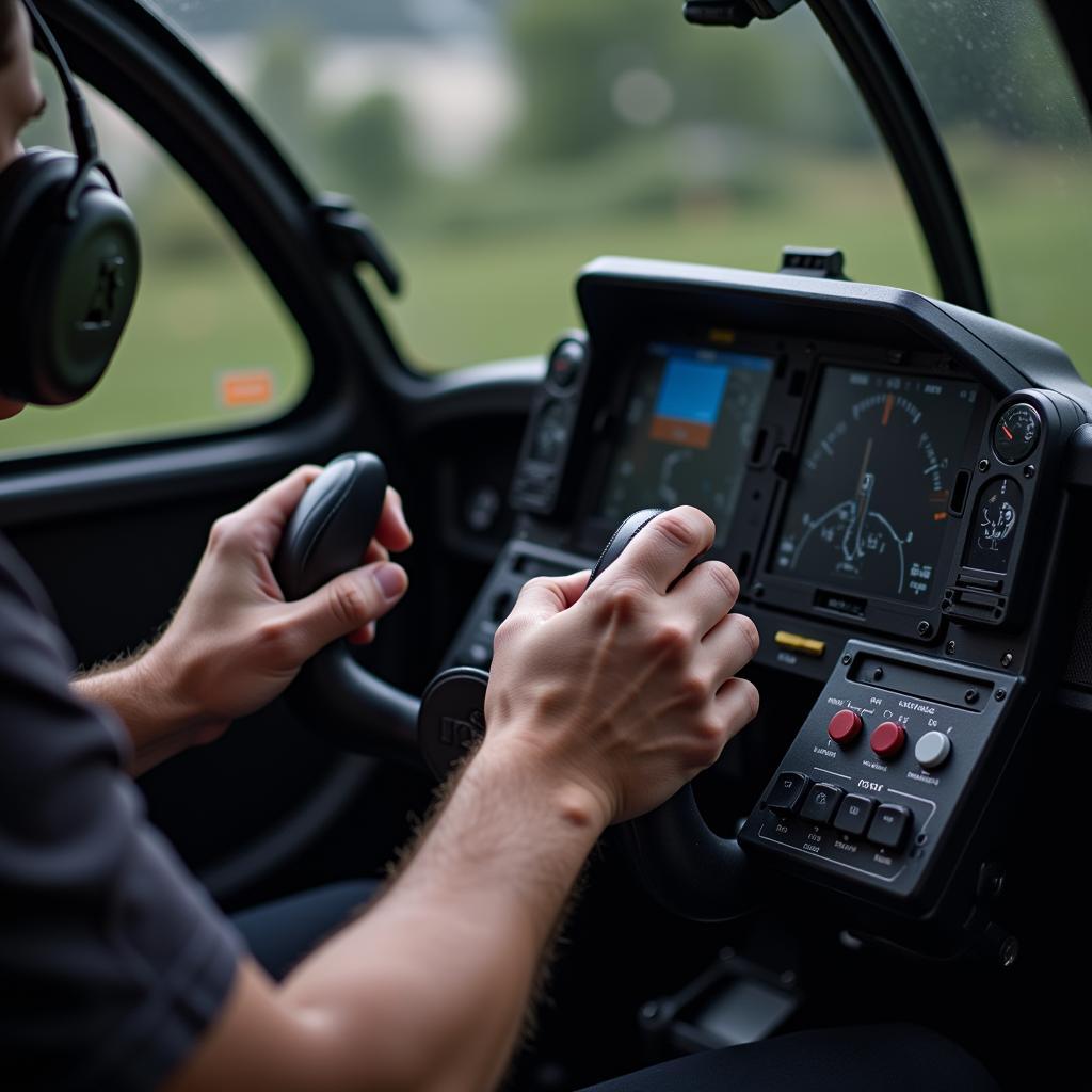 Pilot using a HOTAS system for helicopter simulation