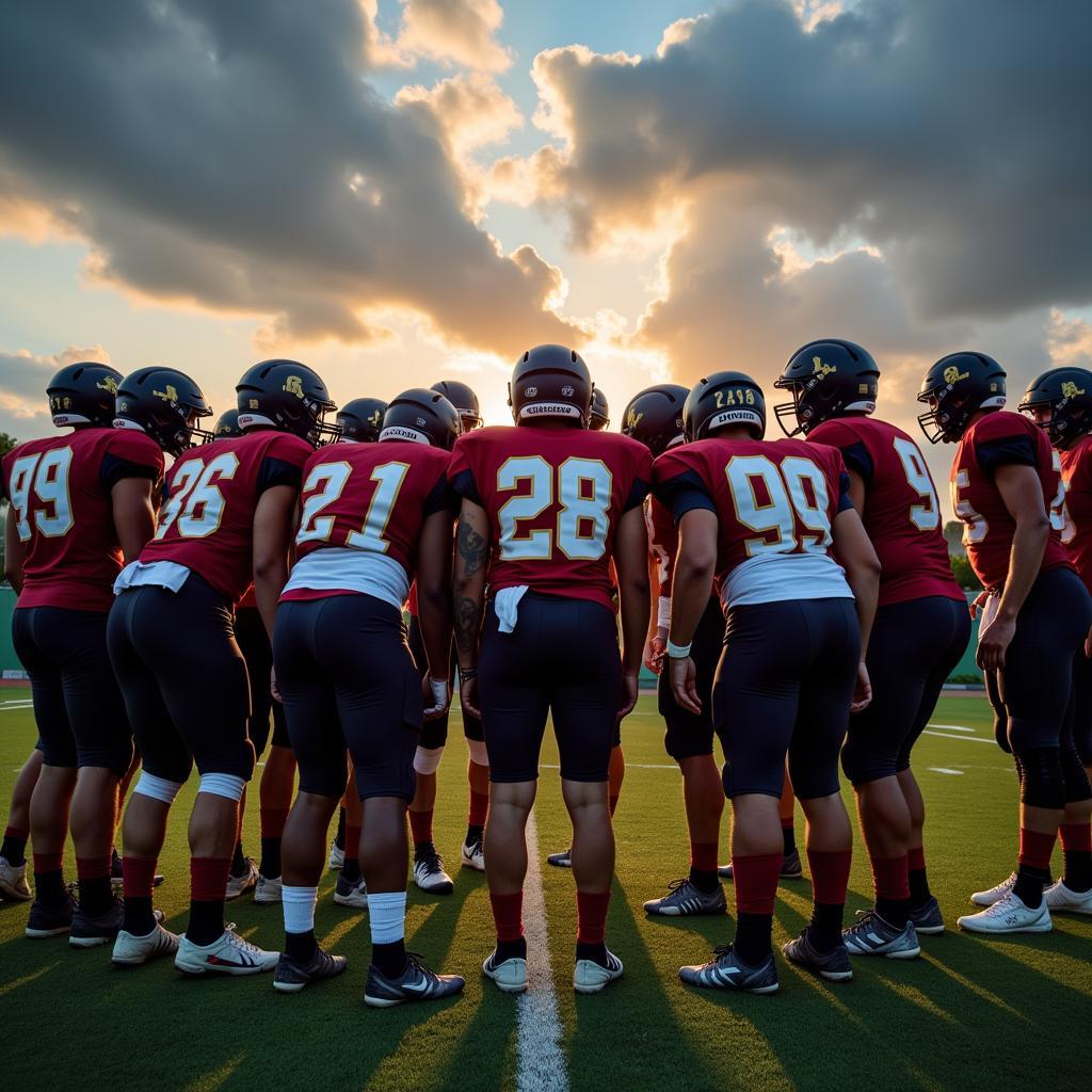 High school football team huddling during a game