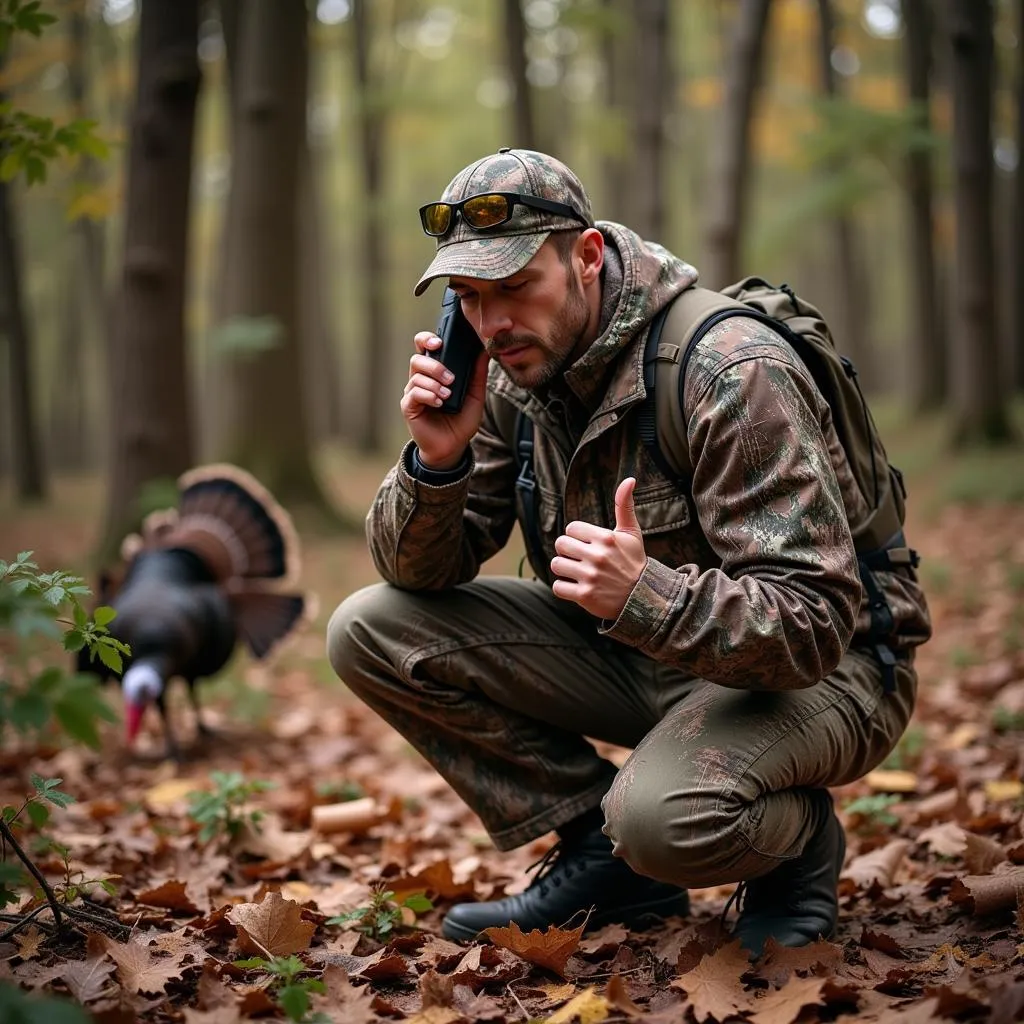 Hunter using electronic turkey call in the woods