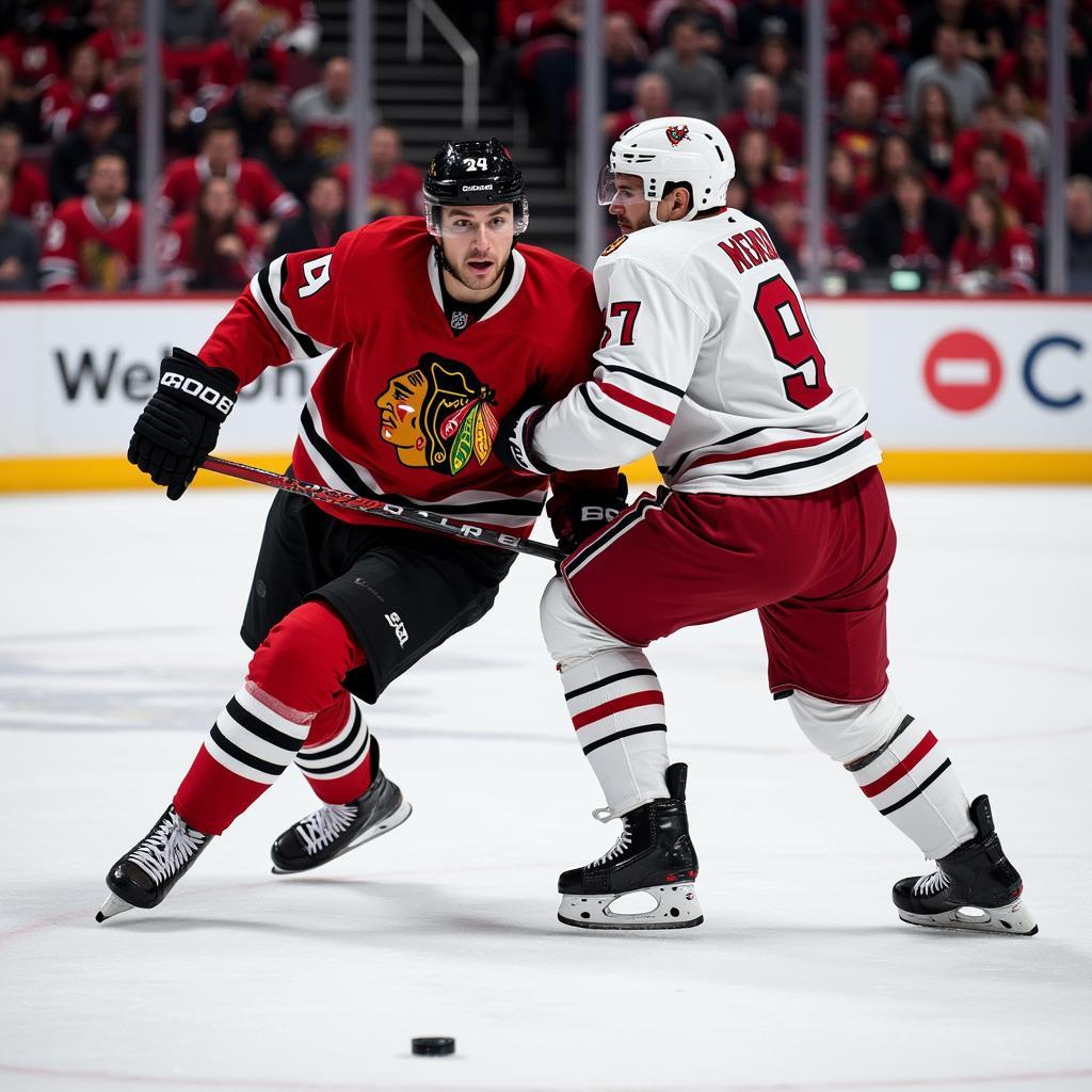 Hockey Player Using a Shoulder Check for Puck Recovery