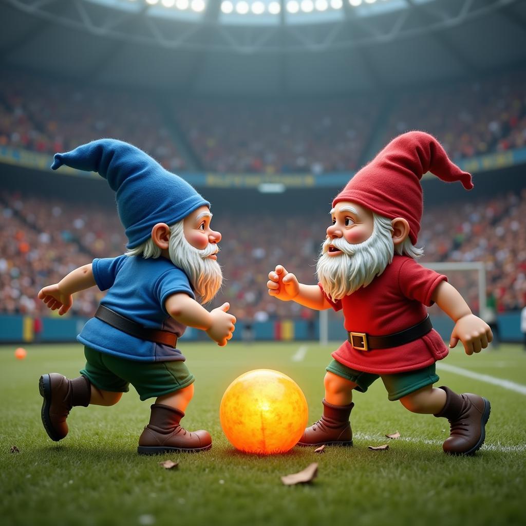 Two gnomes locked in an intense match of Runeball, a magical gnome sport