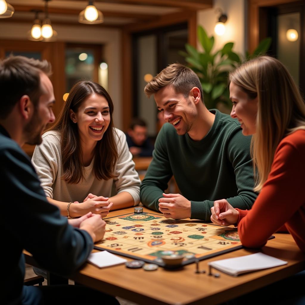 Group of friends playing board games and having fun at a party.