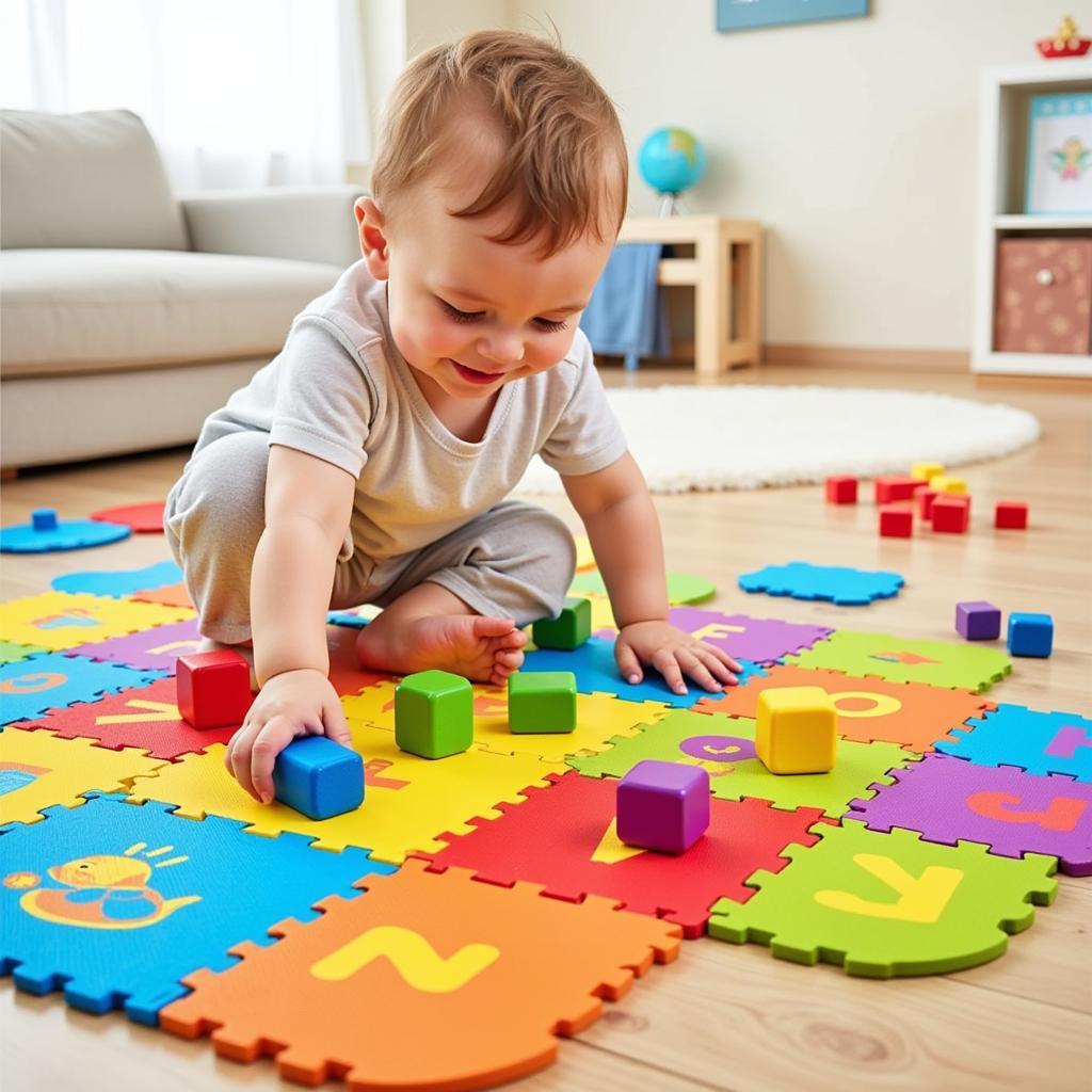 Colorful interlocking foam play mat designed for toddlers.