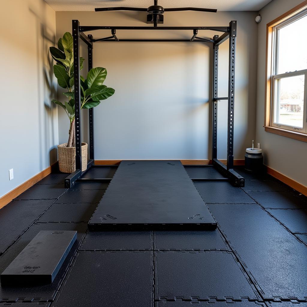 Black interlocking rubber play mats installed in a home gym.