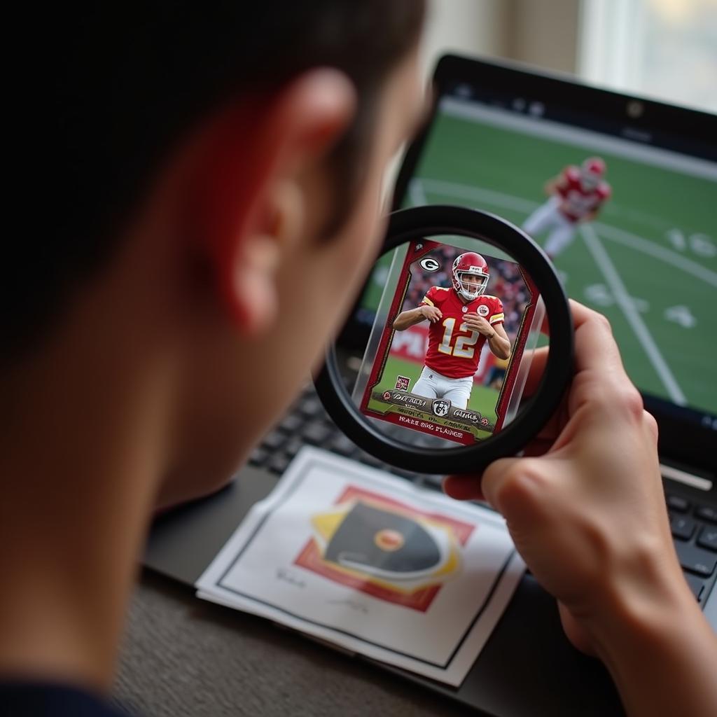 Investor analyzing a Patrick Mahomes rookie card