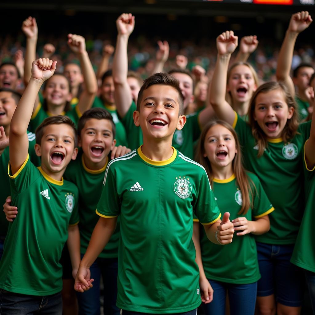 A group of Irish fans proudly sporting the new home kit, cheering for their team.