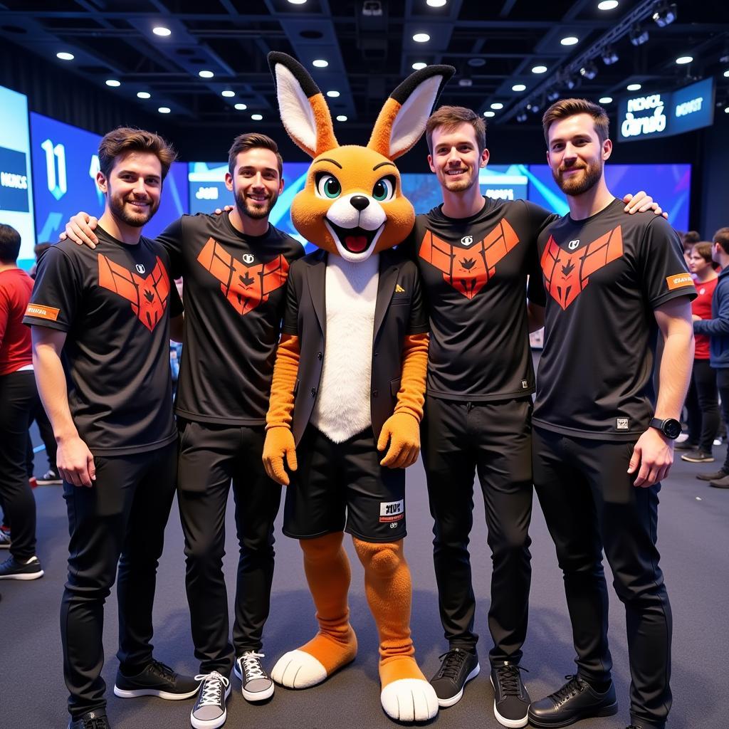 Esports Team Posing with Jackalope Mascot