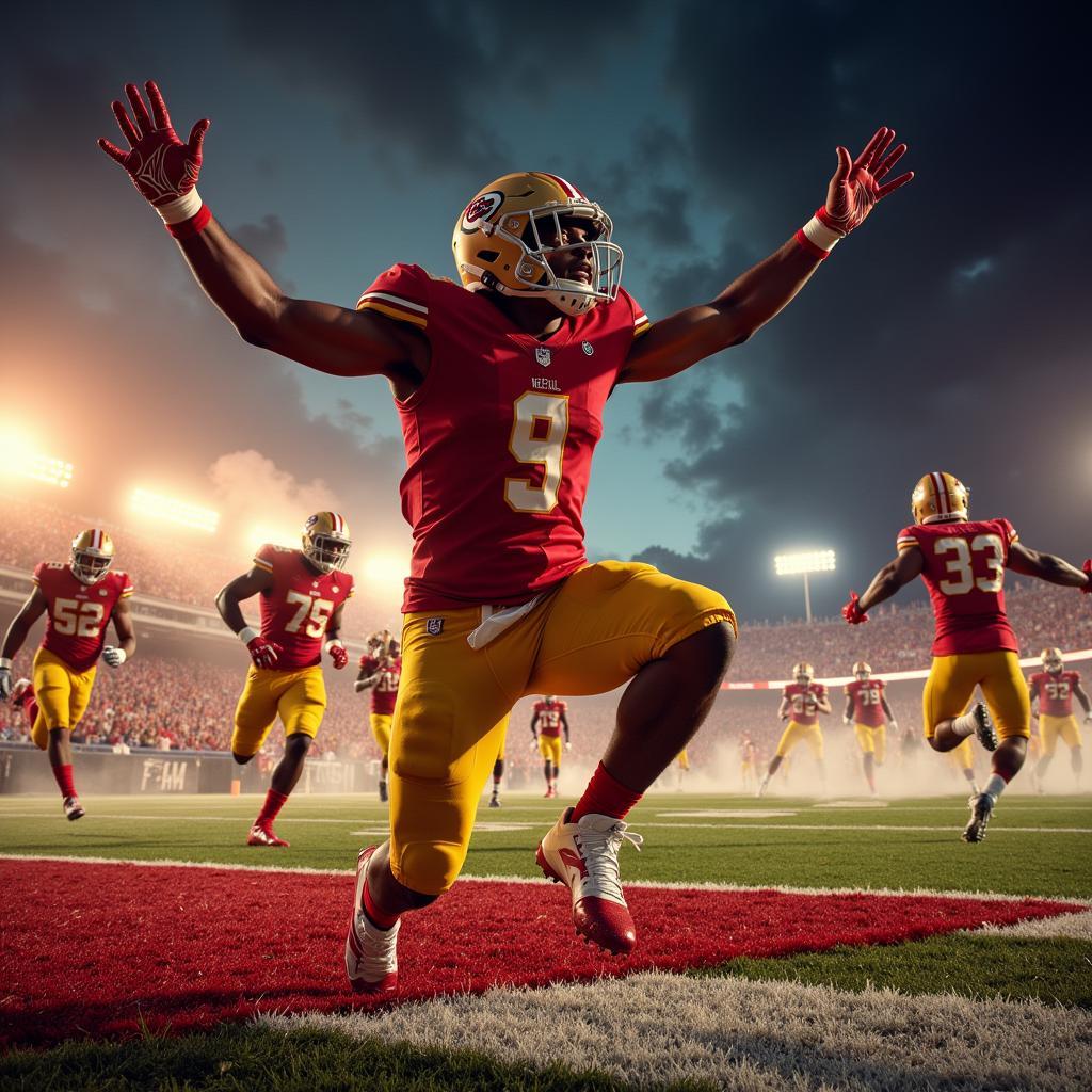 Jahmyr Gibbs celebrating a touchdown with his teammates