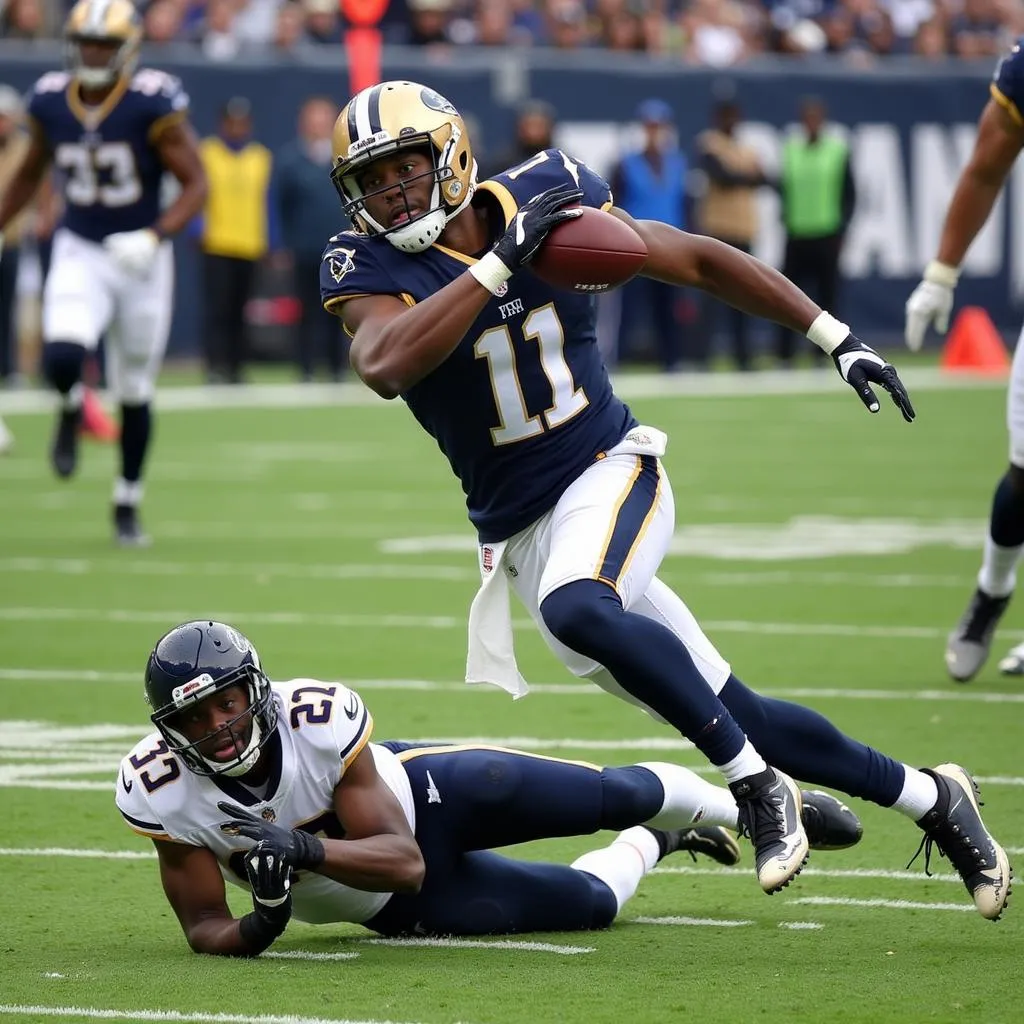 Jalen Ramsey intercepts a pass during a game, showcasing his impressive defensive skills.