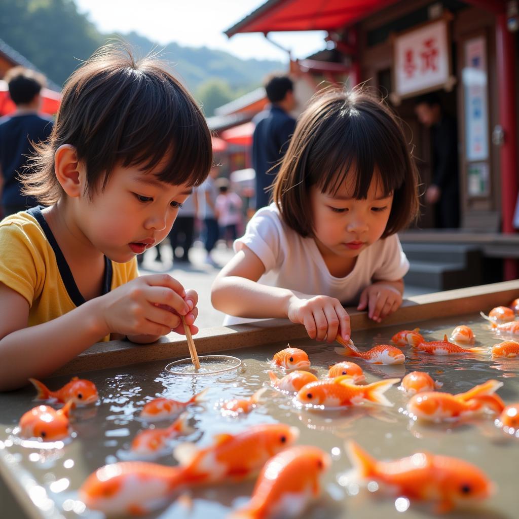 Children Enjoying Goldfish Scooping