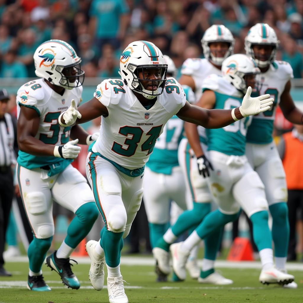 Jaylen Waddle celebrating a touchdown with teammates