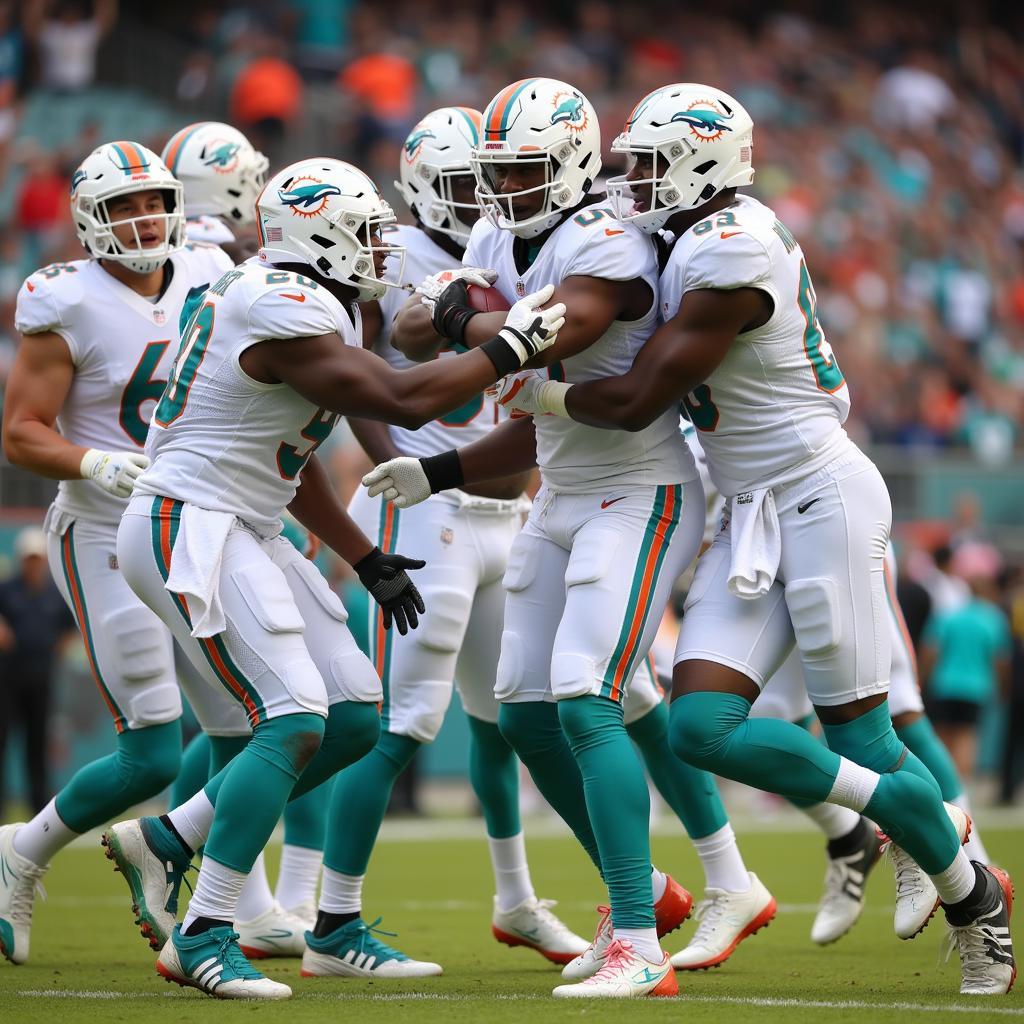 Jaylen Waddle celebrating a touchdown with his Miami Dolphins teammates