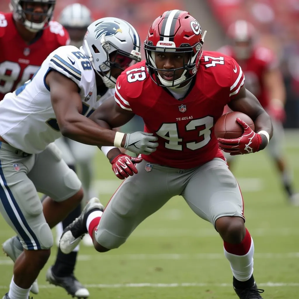 Jaylen Warren breaking a tackle during a game