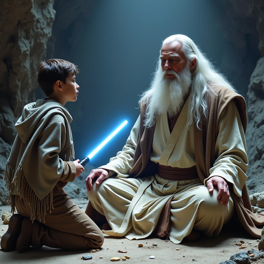 Jedi Master guiding Cal Kestis in meditation