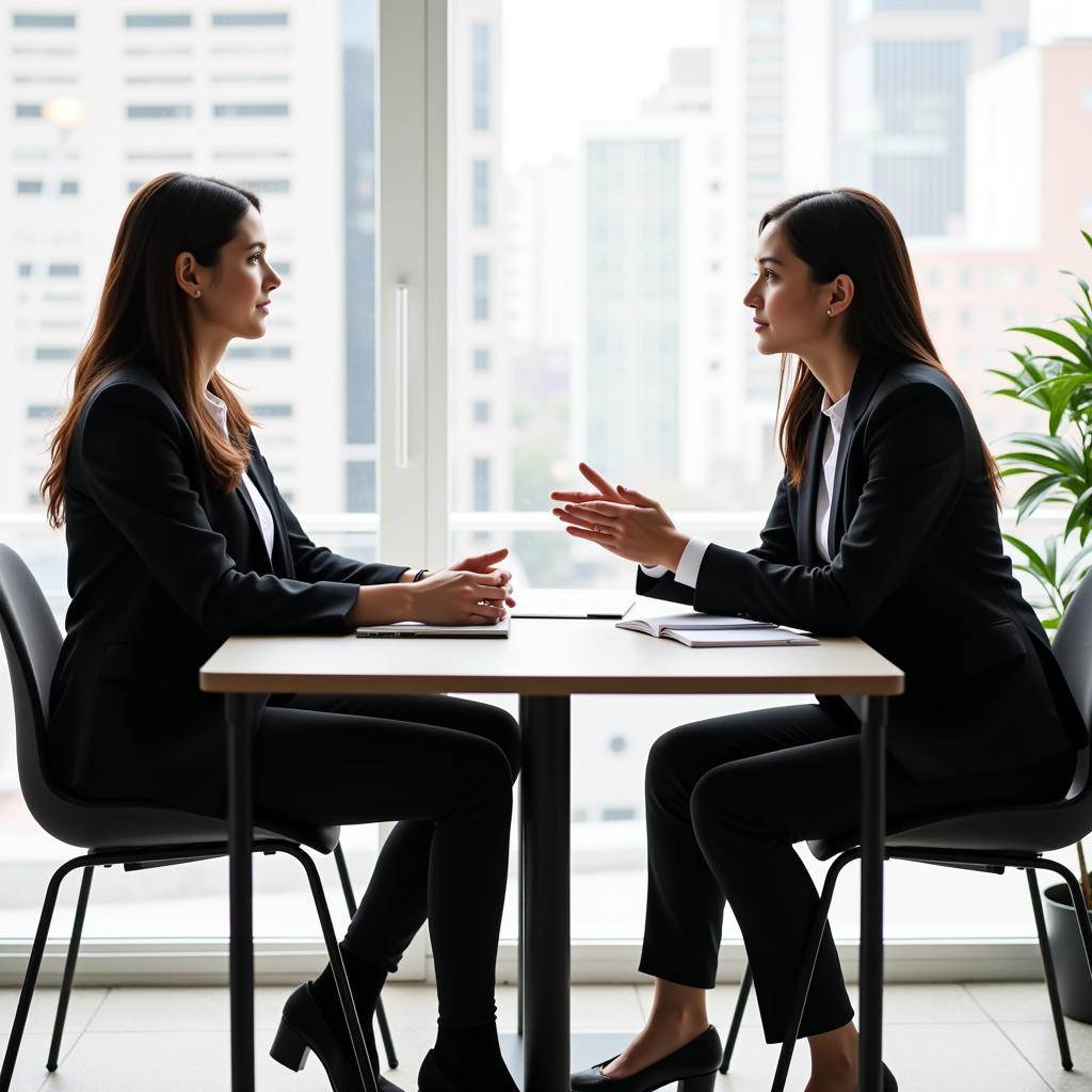 A person practicing their interview skills with a friend