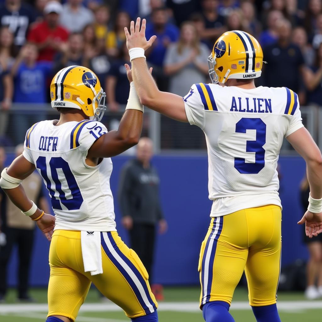 Josh Allen and Jared Goff celebrating touchdowns with their respective teams