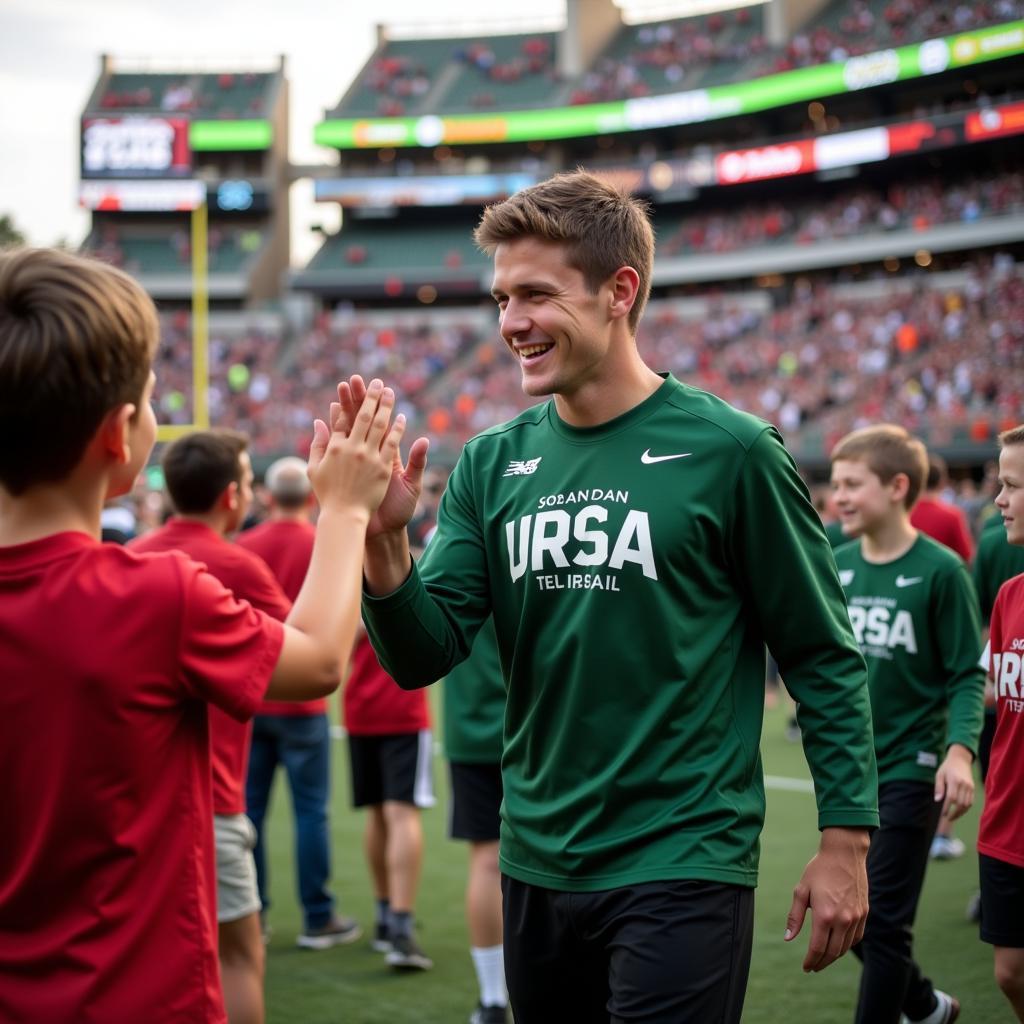 Justin Herbert high-fives fans after a game