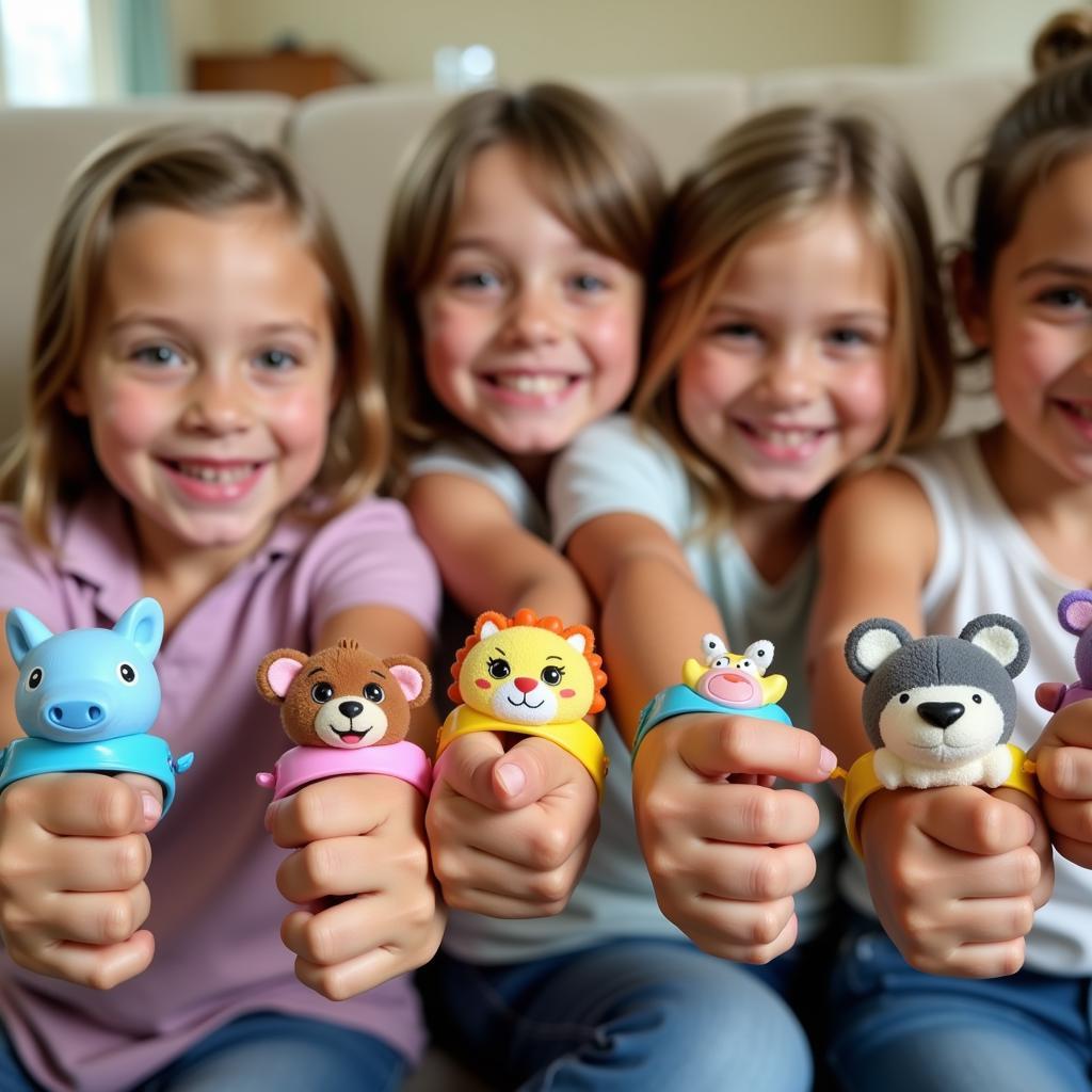 Children showing off their animal slap band collection.