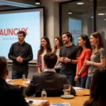 LaunchX students presenting their startup ideas to a panel of investors